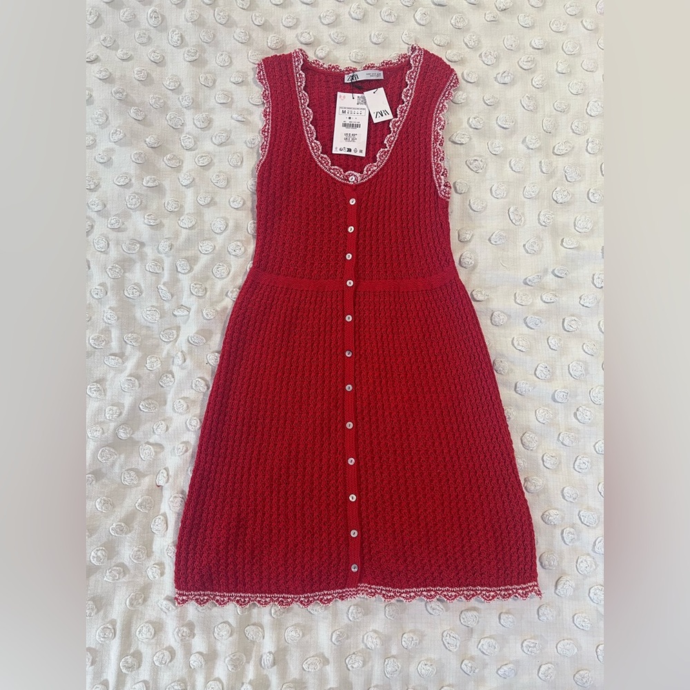 Zara Red Button-Front Pointelle Knit Mini Dress - Picture 2 of 4